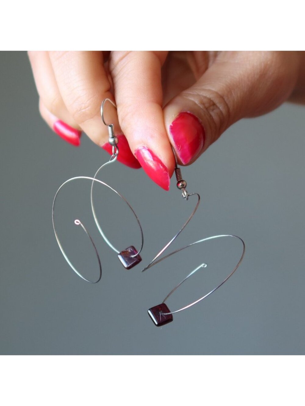 Garnet Earrings Spin Style Silver Spiral Square Gems Modern Statement